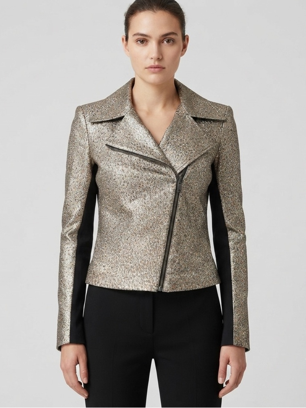 Sachin & Babi XS Metallic Gold Moto Jacket Cropped Biker Black Contrast